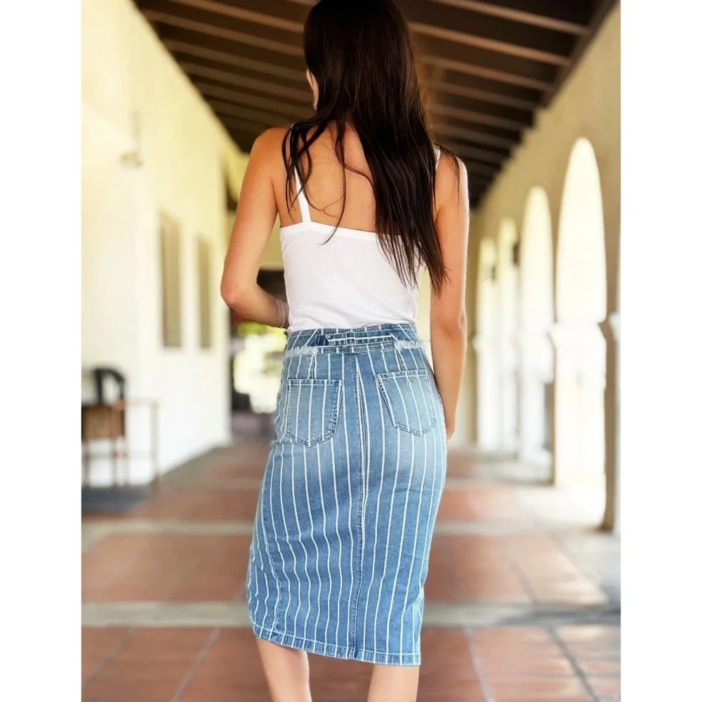NWT Wash Lab Sally‎ Classic Stripes Midi Skirt Women's 27 Striped Denim